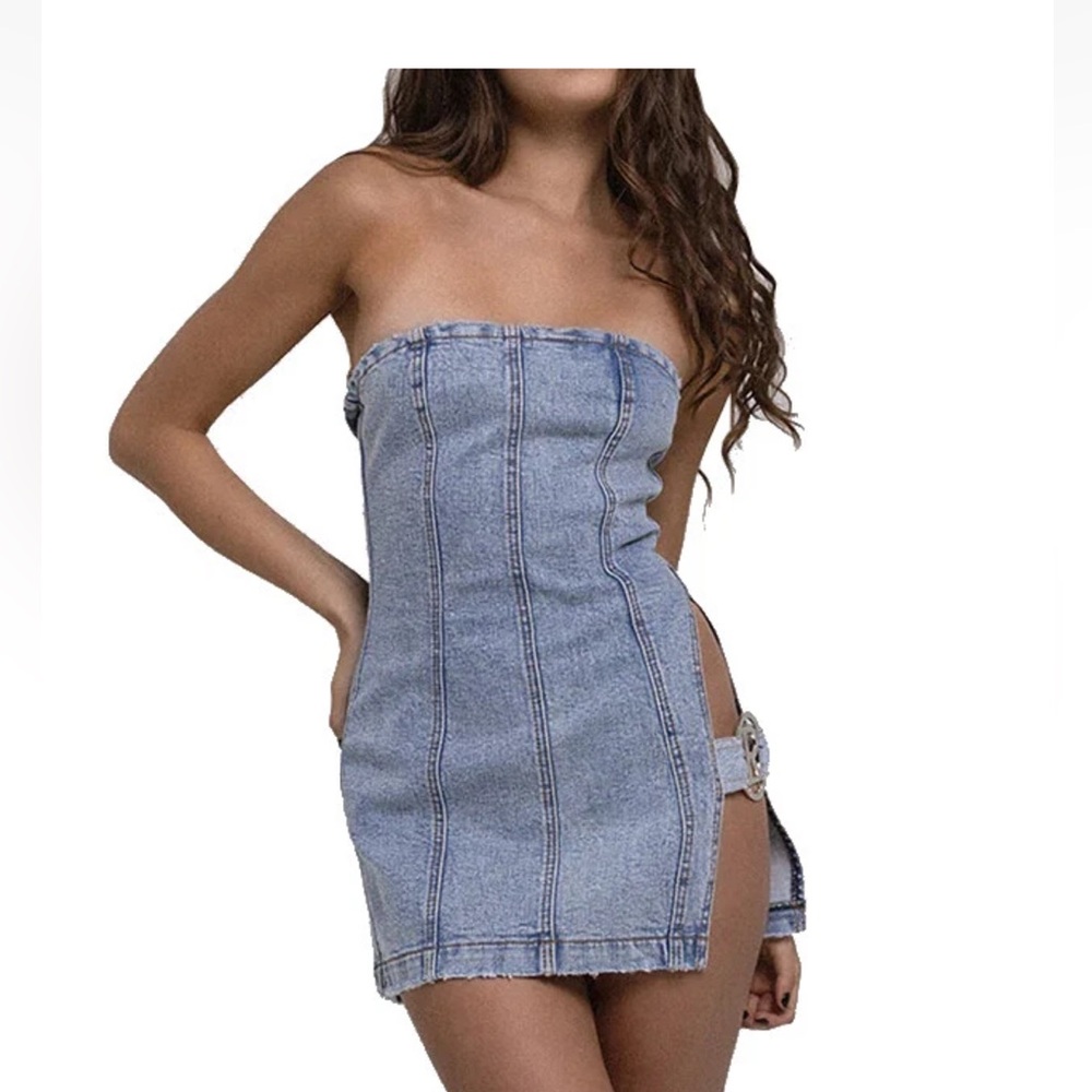 REVICE Light Blue Denim Strapless Mini Dress